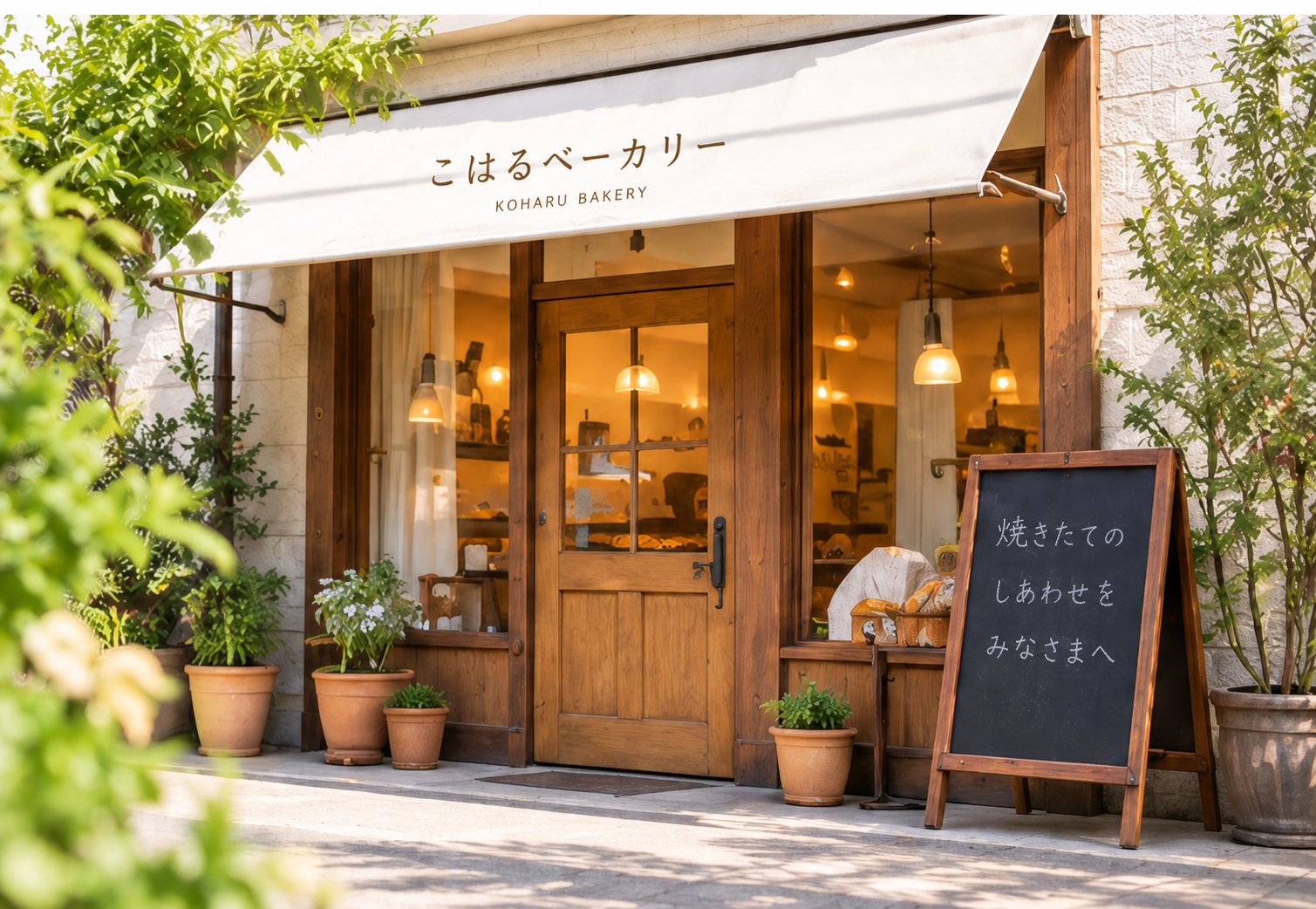 こはるベーカリーの店名入り日よけと手書き黒板があるパン屋の外観