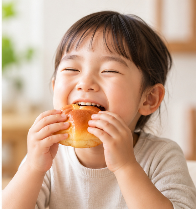 子どもがクリームパンをおいしそうに食べている写真